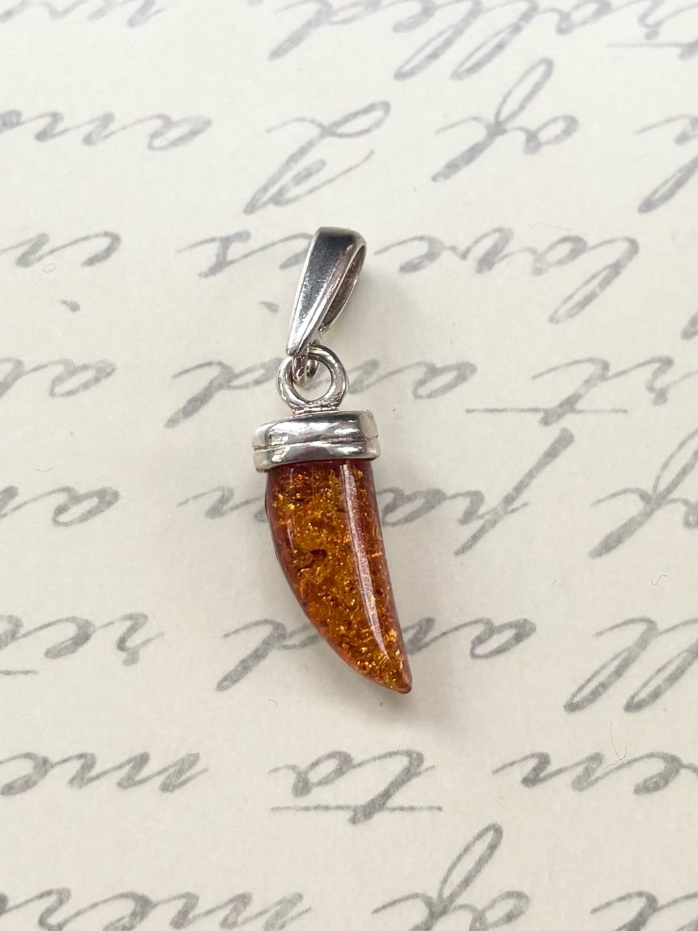 Dainty Baltic Amber Tooth Spike Horn Pendant with Silver Bail